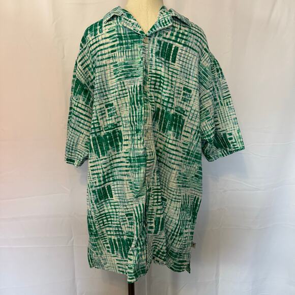 Stacy Adams XXL Green Linen Cotton Shirt Abstract Print Short Sleeve - Picture 1 of 8